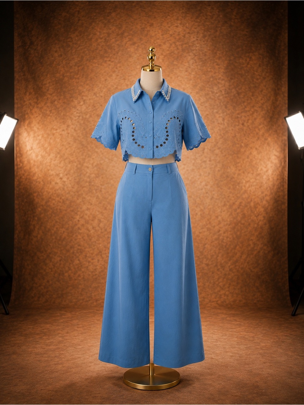 Blue Eyelet Two Piece Set – Pearl Collar Crop Top & Wide Leg Pants